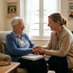 Aide à domicile accompagnant une personne âgée souriante dans son salon