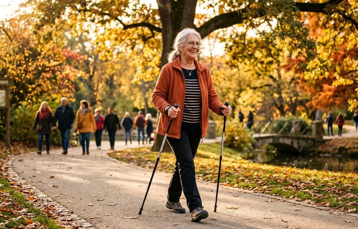 Femme senior marchant joyeusement dans un parc ensoleillé avec des bâtons de marche