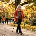 Femme senior marchant joyeusement dans un parc ensoleillé avec des bâtons de marche