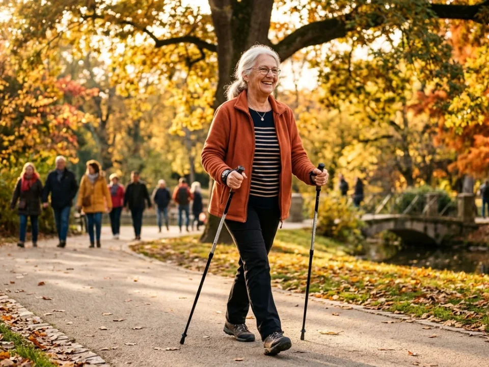 Femme senior marchant joyeusement dans un parc ensoleillé avec des bâtons de marche