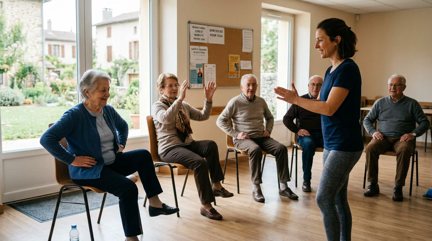 Groupe de seniors pratiquant une séance de gym douce sur chaise avec une animatrice