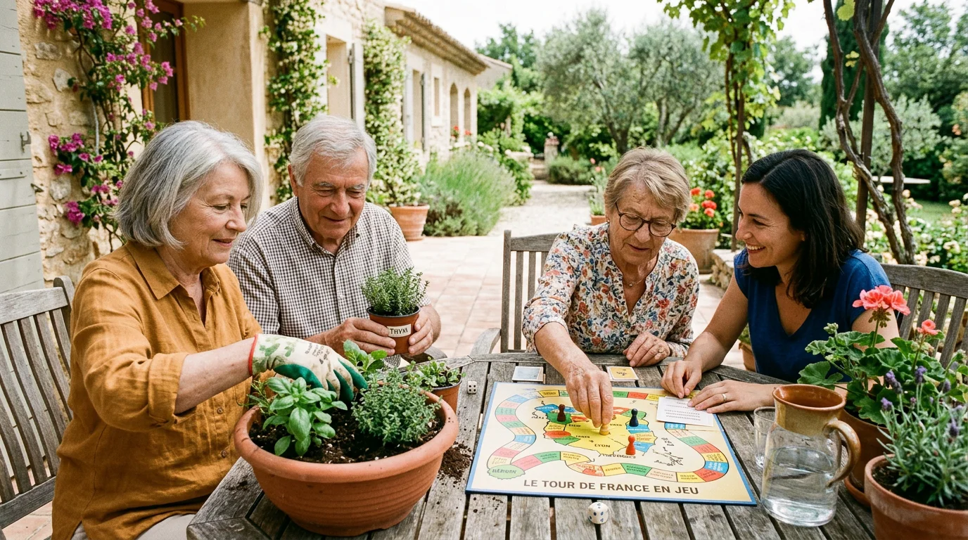 Seniors jardinant et jouant à un jeu de société ensemble sur une terrasse ensoleillée