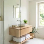 Paroi de douche en verre transparente et sans trace dans une salle de bain lumineuse