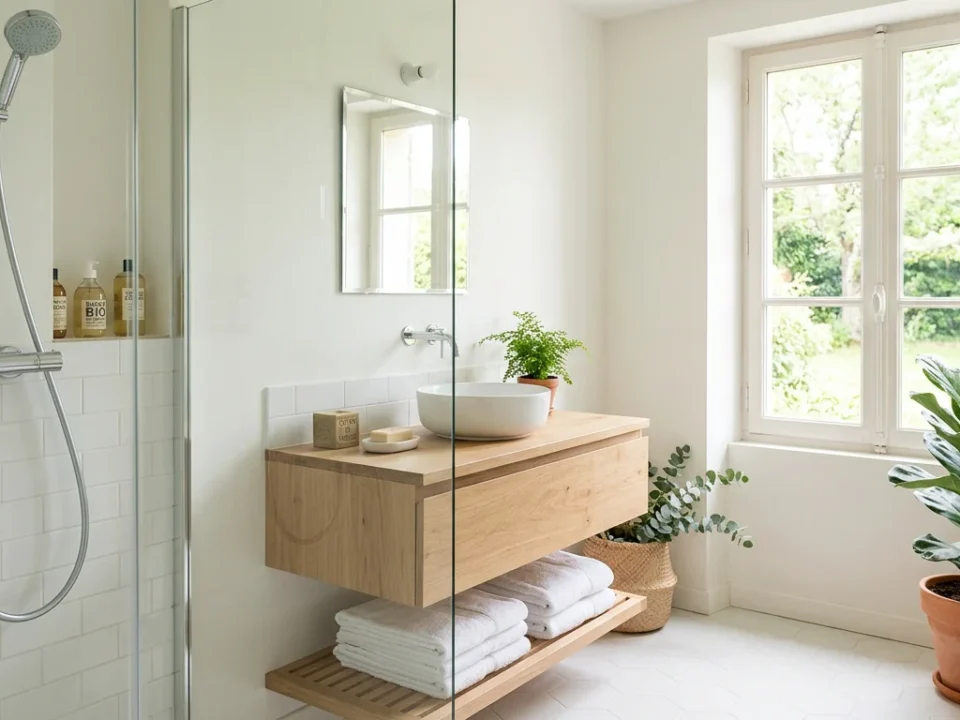 Paroi de douche en verre transparente et sans trace dans une salle de bain lumineuse