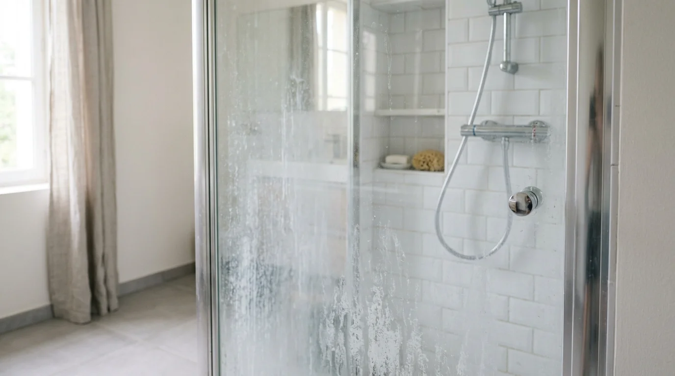 Paroi de douche en verre marquée par le calcaire et les traces d'eau