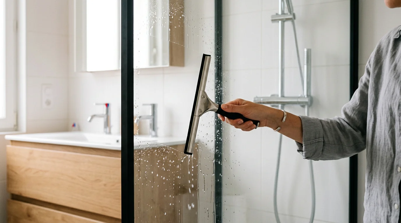 Raclette passée sur une paroi de douche en verre propre