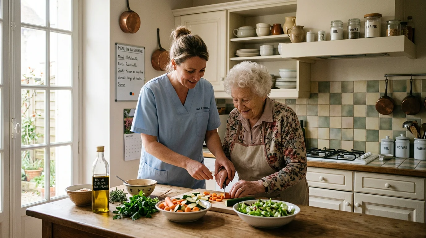 Une aide à domicile prépare un repas pour une personne âgée dans sa cuisine