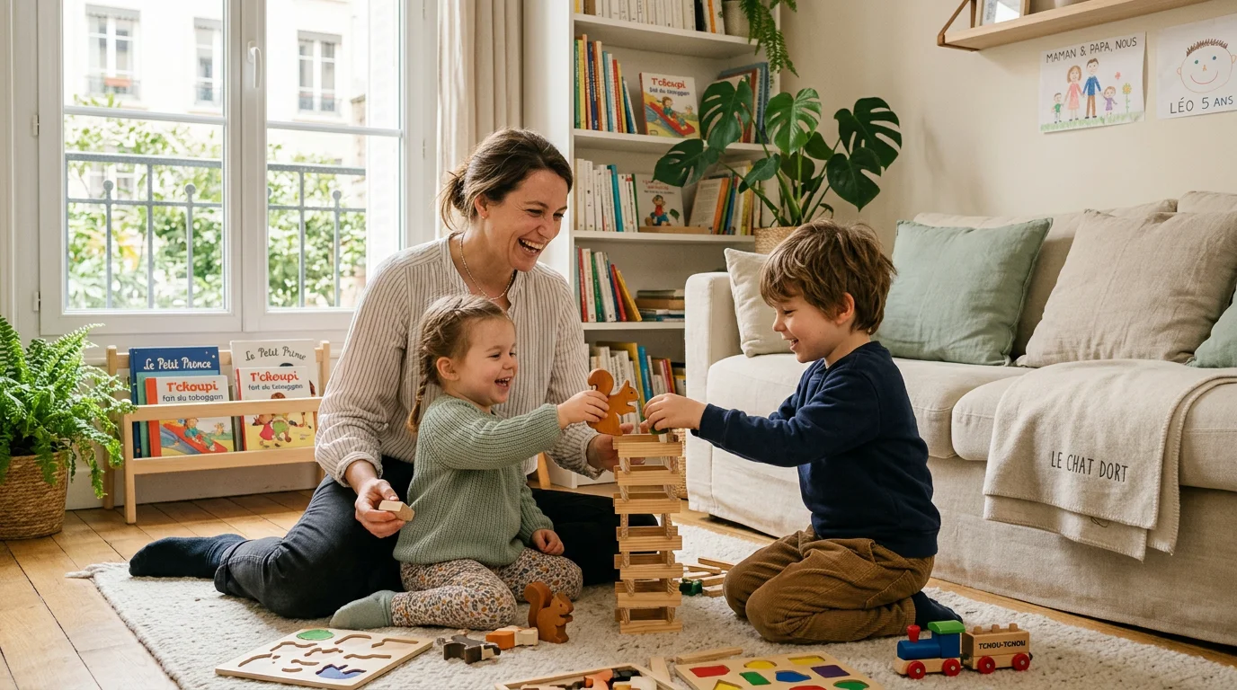 Une garde d'enfants joue avec deux jeunes enfants dans un salon