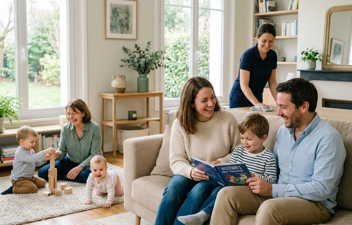 Femme de ménage et nounou accompagnant une famille à domicile