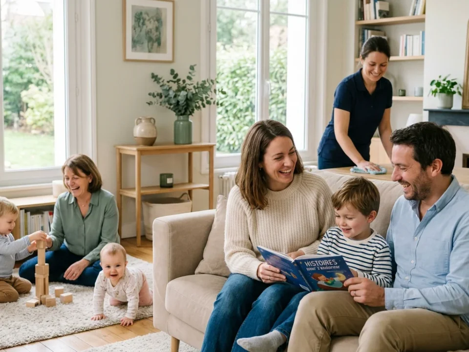 Femme de ménage et nounou accompagnant une famille à domicile
