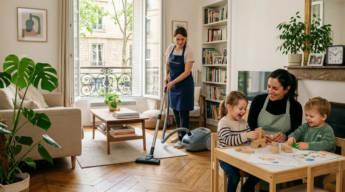 Une femme de ménage et une nounou travaillant ensemble dans un intérieur familial