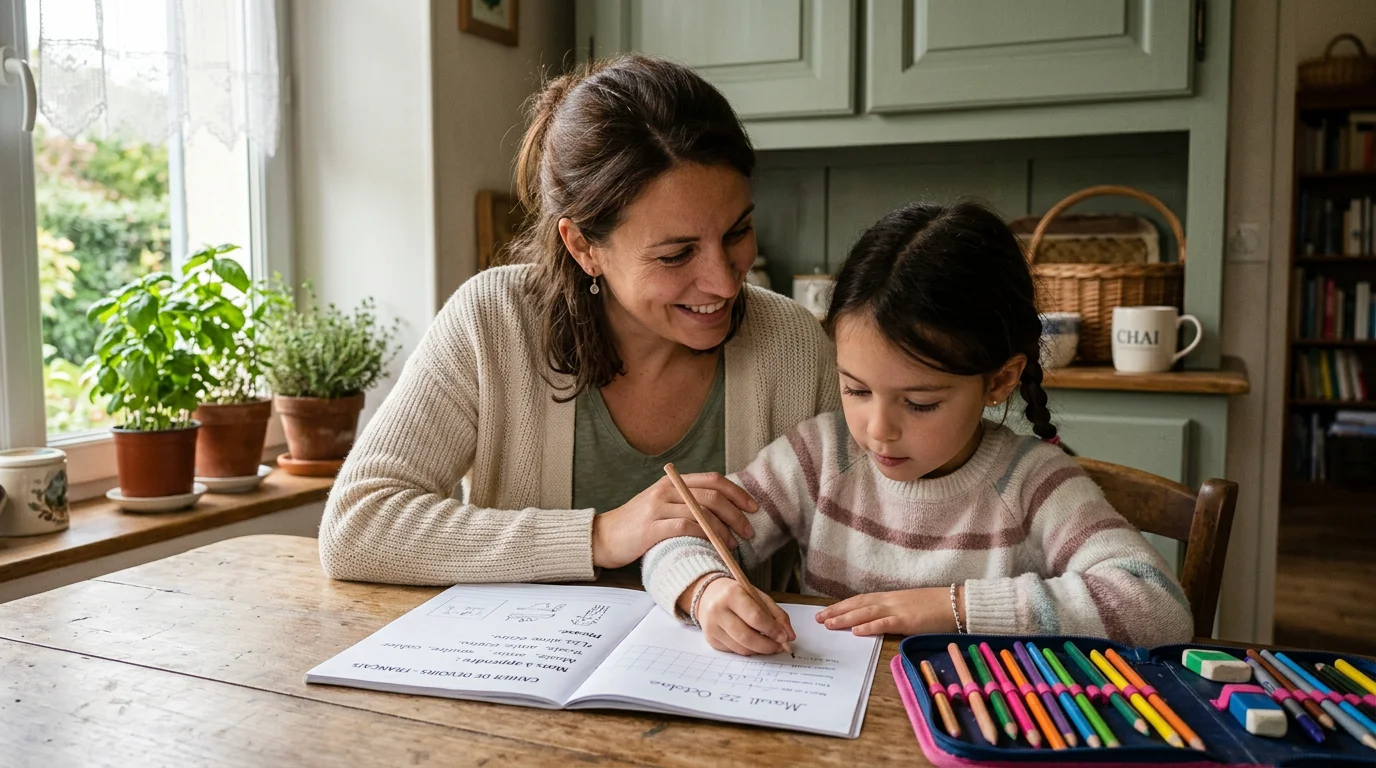 Une nounou aidant un enfant à faire ses devoirs à domicile
