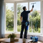 Grande baie vitrée impeccable dans une maison lumineuse avec un professionnel du nettoyage