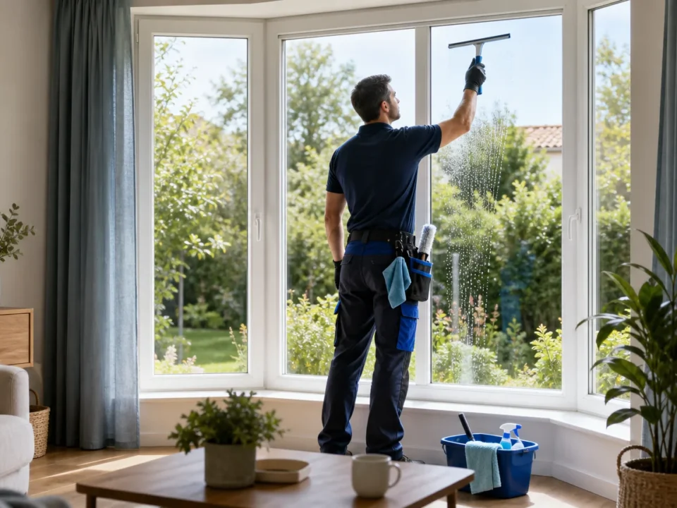Grande baie vitrée impeccable dans une maison lumineuse avec un professionnel du nettoyage