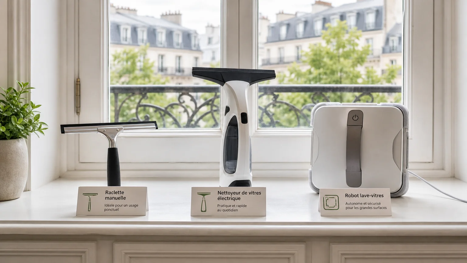 Comparaison entre nettoyeur manuel, lave-vitre électrique et robot sur une fenêtre