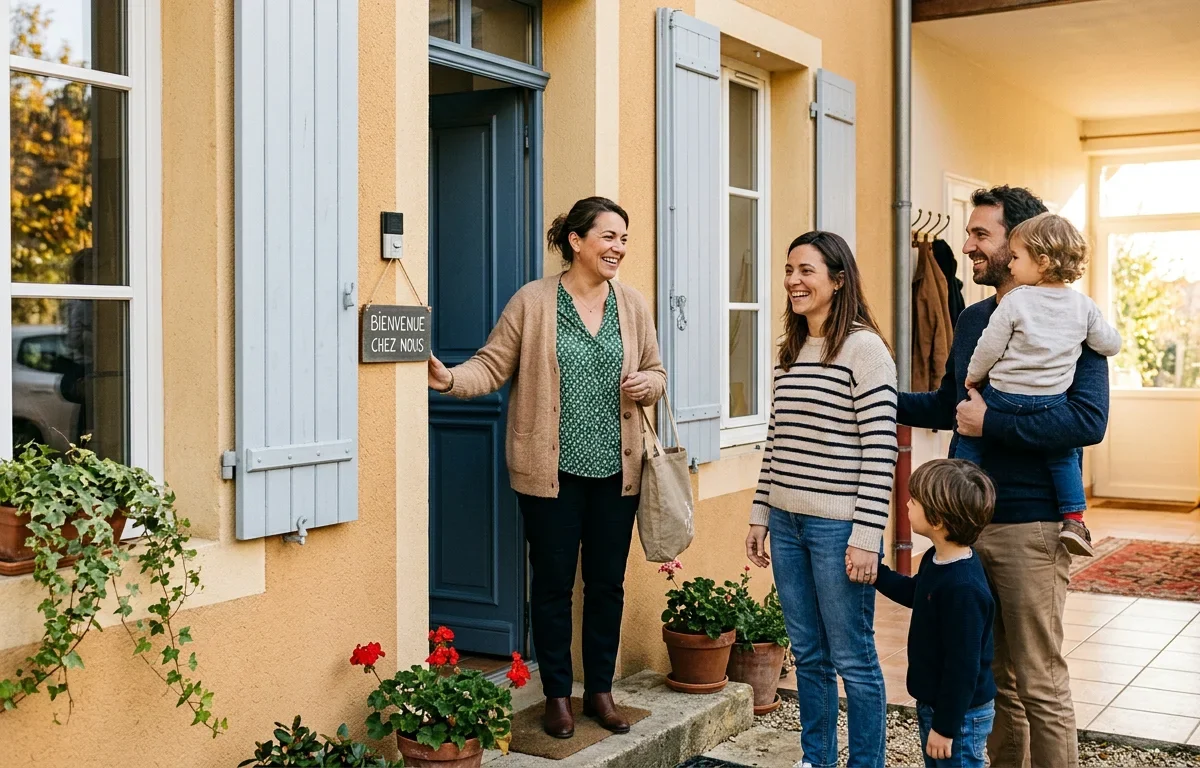 Une professionnelle des services à domicile accueille une famille devant une maison