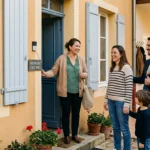 Une professionnelle des services à domicile accueille une famille devant une maison