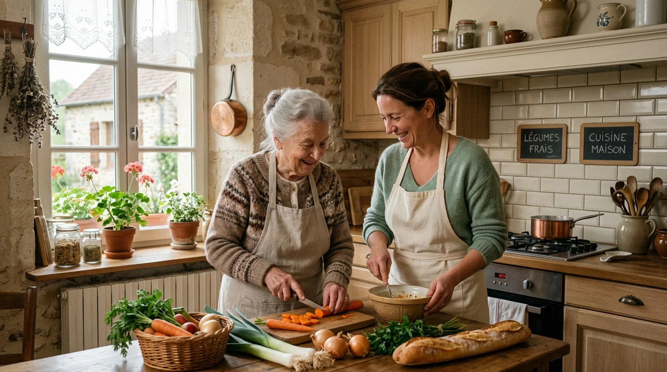 Une aide à domicile prépare un repas avec une personne âgée dans sa cuisine