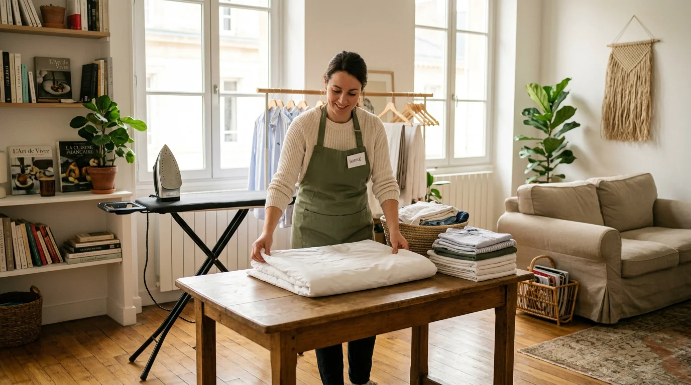 Une professionnelle plie du linge repassé dans un salon lumineux