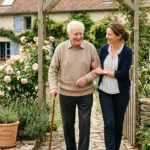 Un homme âgé accompagné par une auxiliaire de vie dans son jardin