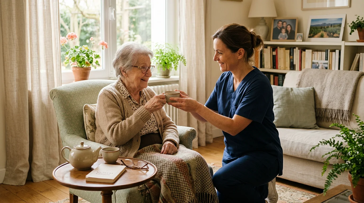 Une auxiliaire aide une femme âgée à domicile dans son salon