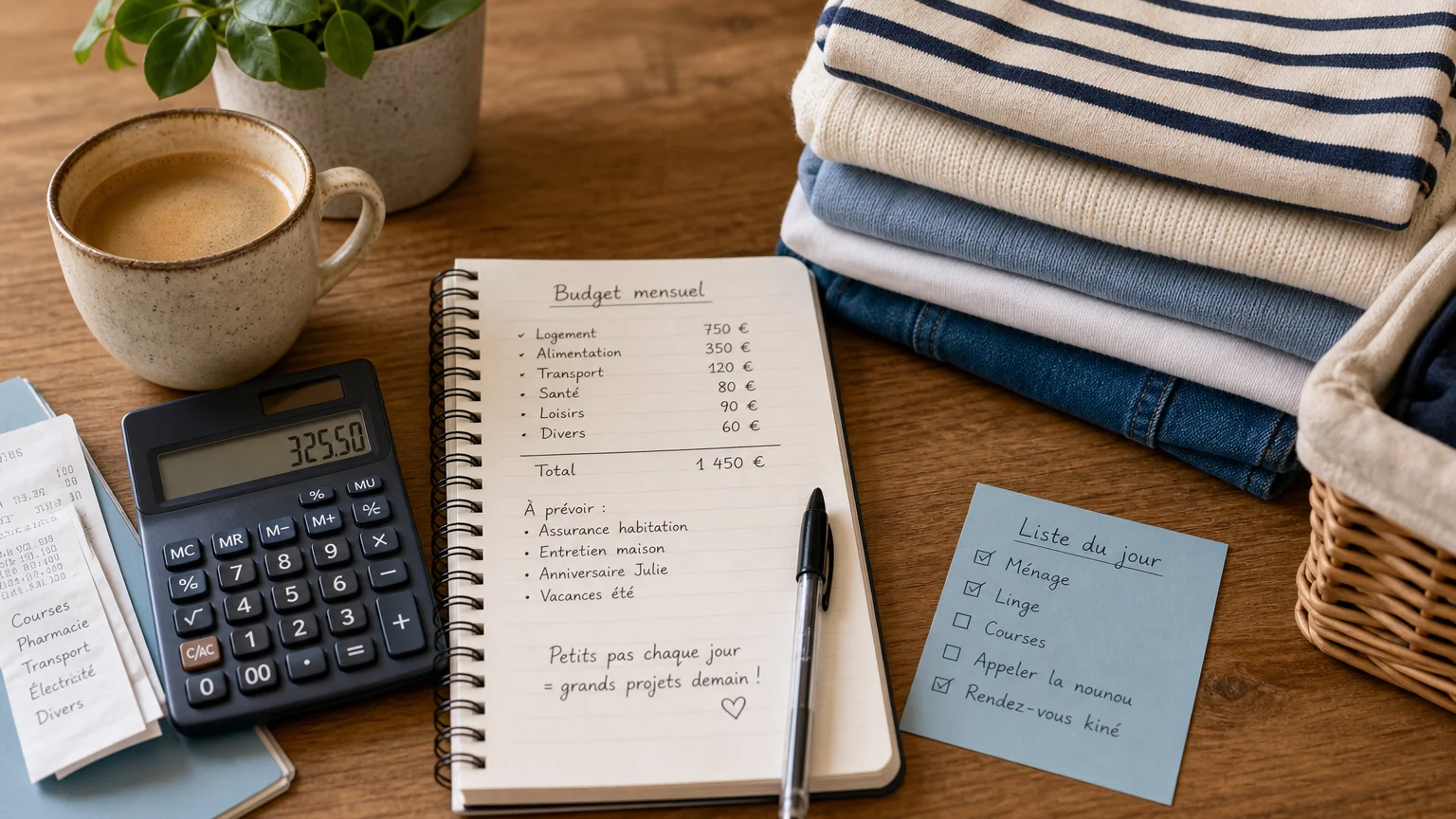 Calculatrice, carnet et linge plié symbolisant le budget repassage