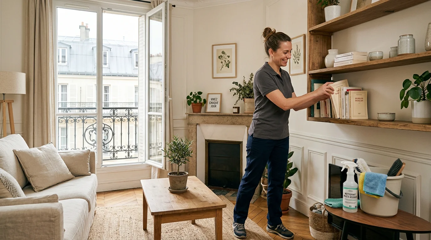 Professionnelle du ménage entretenant un salon lumineux
