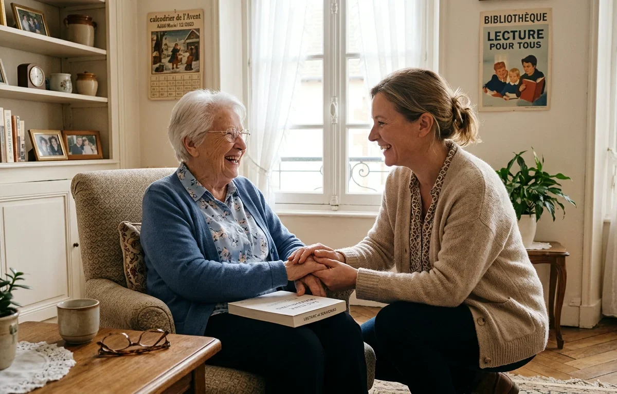 Aide à domicile accompagnant une personne âgée souriante dans son salon