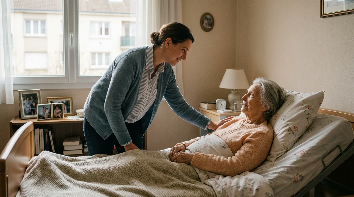 Infirmière prodiguant des soins à une personne âgée en fin de vie dans sa chambre à domicile