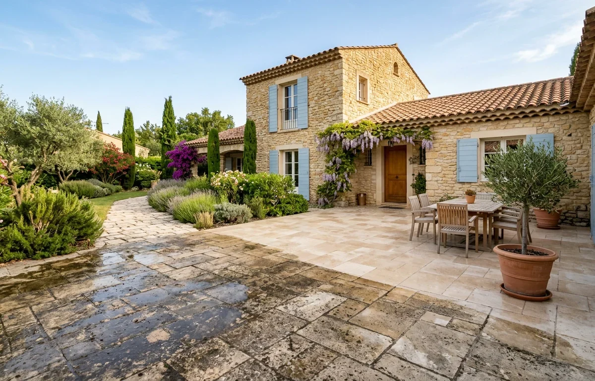 Terrasse et allée de maison propres après nettoyage extérieur professionnel