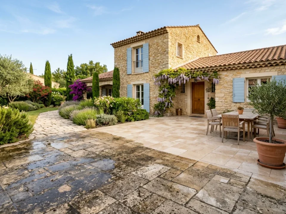 Terrasse et allée de maison propres après nettoyage extérieur professionnel