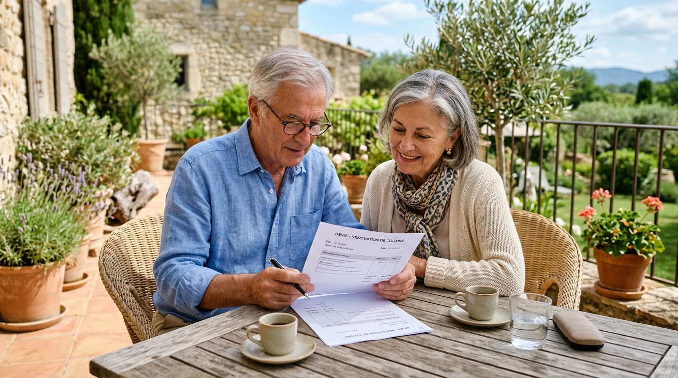 Couple senior consultant un devis de nettoyage extérieur sur une terrasse