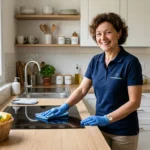 Femme de ménage à domicile nettoyant une cuisine lumineuse en France