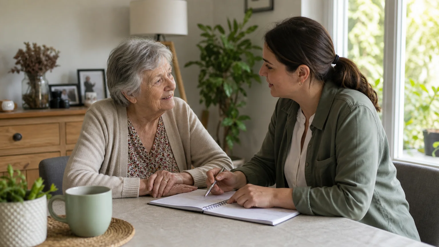 Échange entre une personne âgée et une intervenante à domicile