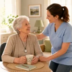 Personne âgée accompagnée à son domicile par une professionnelle