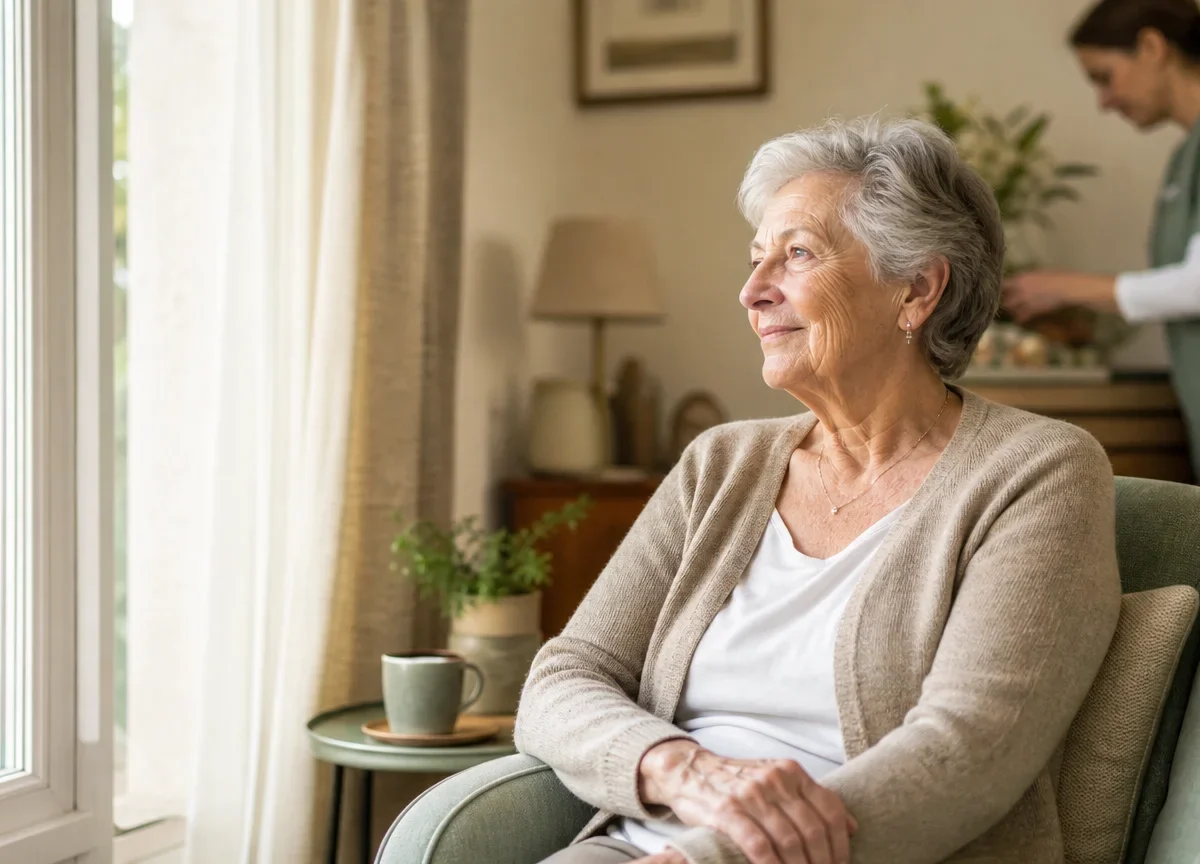 Personne âgée accompagnée à domicile dans un intérieur chaleureux