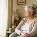 Personne âgée accompagnée à domicile dans un intérieur chaleureux