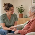 Aide ménagère accompagnant une personne âgée à domicile