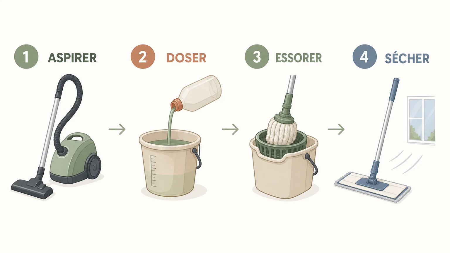 Checklist illustrée des étapes pour laver un sol sans le détériorer
