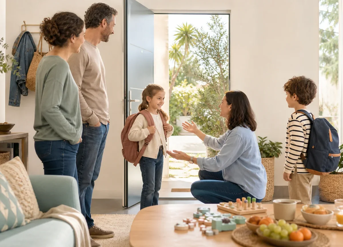 Famille accueillant une intervenante pour une garde d’enfants à domicile