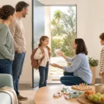 Famille accueillant une intervenante pour une garde d’enfants à domicile
