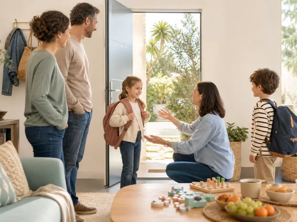 Famille accueillant une intervenante pour une garde d’enfants à domicile