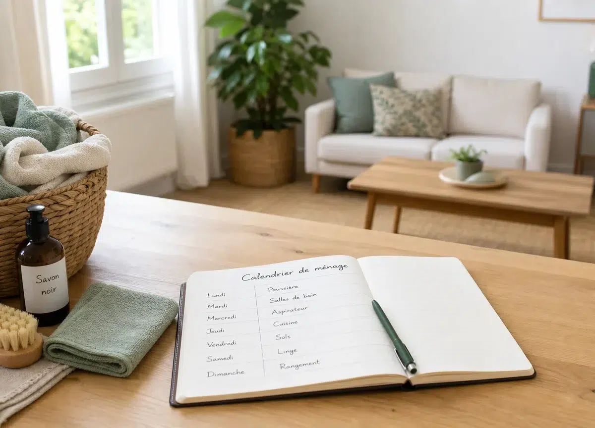 Maison organisée avec un carnet de calendrier de ménage et des accessoires d’entretien