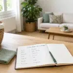Maison organisée avec un carnet de calendrier de ménage et des accessoires d’entretien