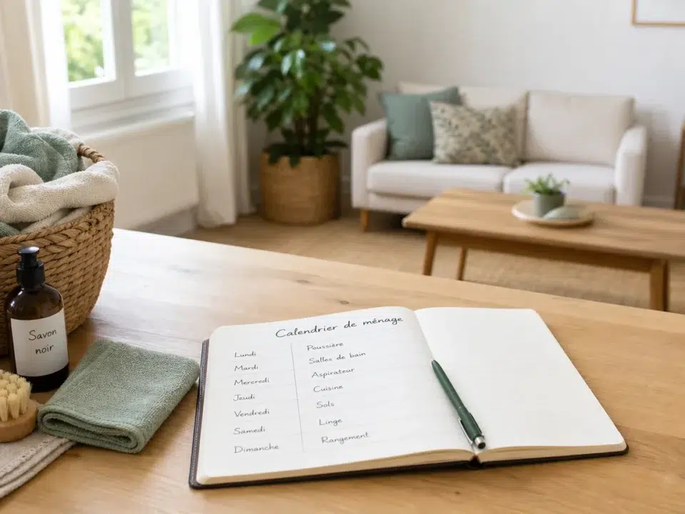 Maison organisée avec un carnet de calendrier de ménage et des accessoires d’entretien