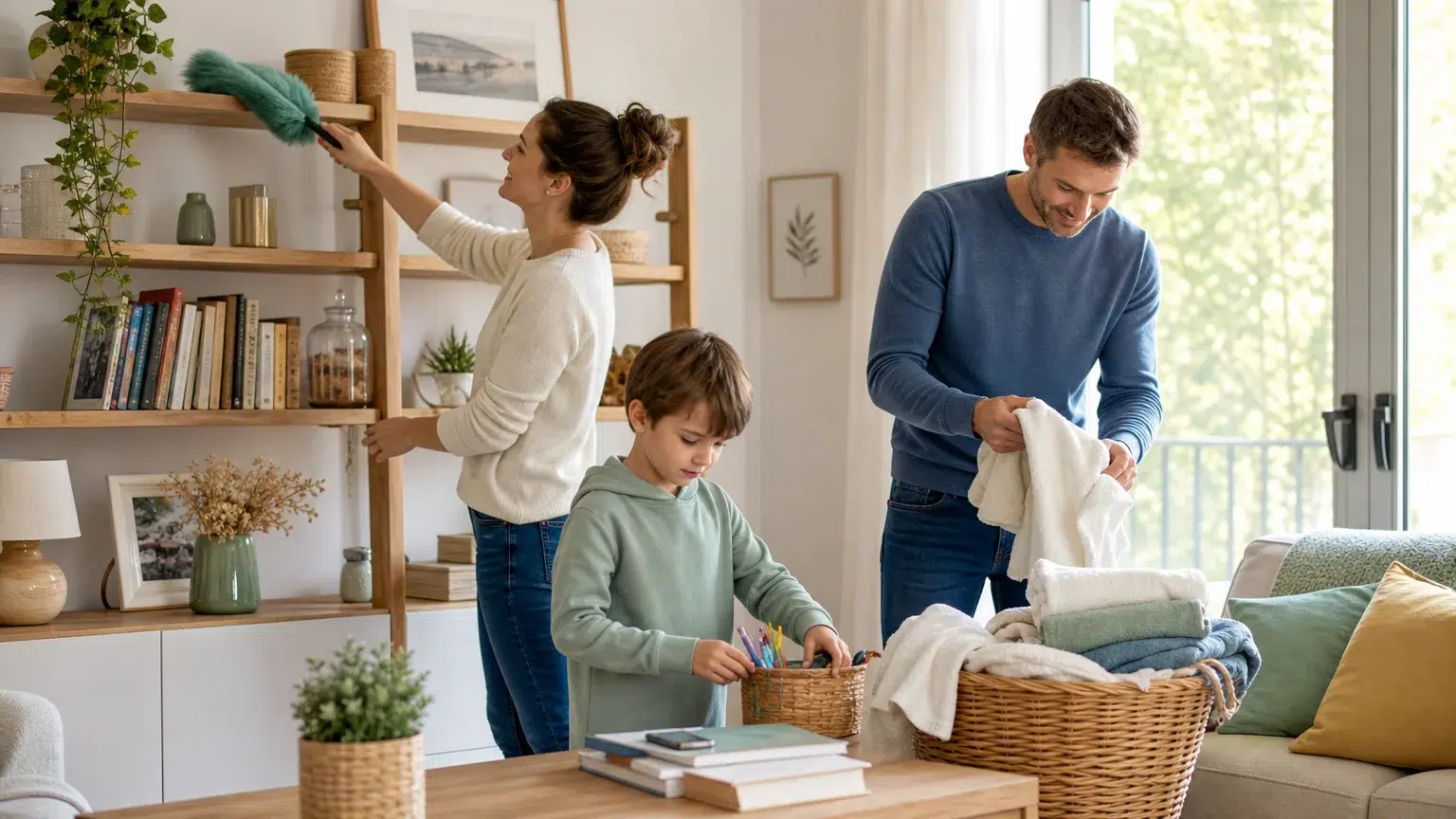 Famille organisant les tâches d’un calendrier de ménage dans une maison lumineuse