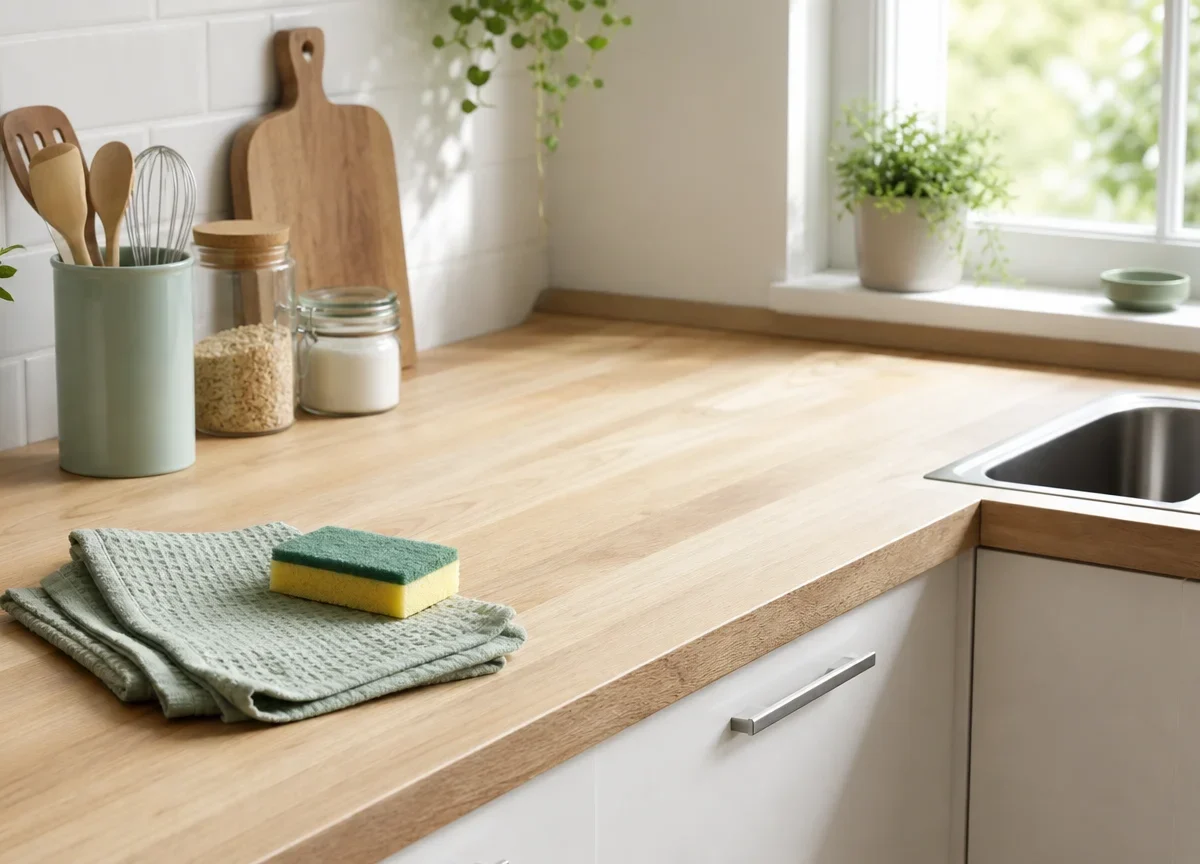 Cuisine propre avec accessoires d’entretien disposés sur le plan de travail