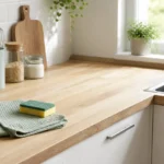 Cuisine propre avec accessoires d’entretien disposés sur le plan de travail