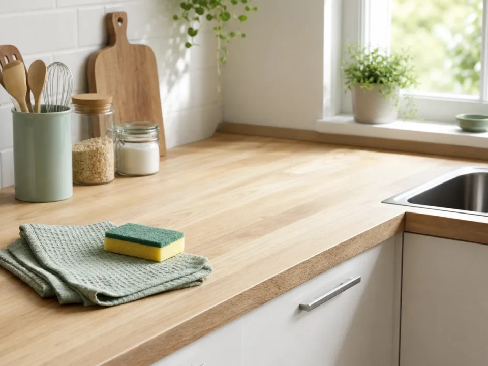 Cuisine propre avec accessoires d’entretien disposés sur le plan de travail