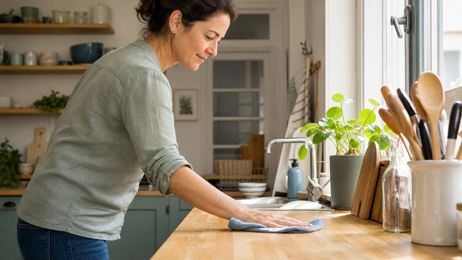 Personne qui nettoie un plan de travail après la préparation d’un repas